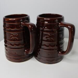 SET OF 2- VTG Marcrest Daisy Dot Brown Stoneware Beer Stein MUG Tankard USA